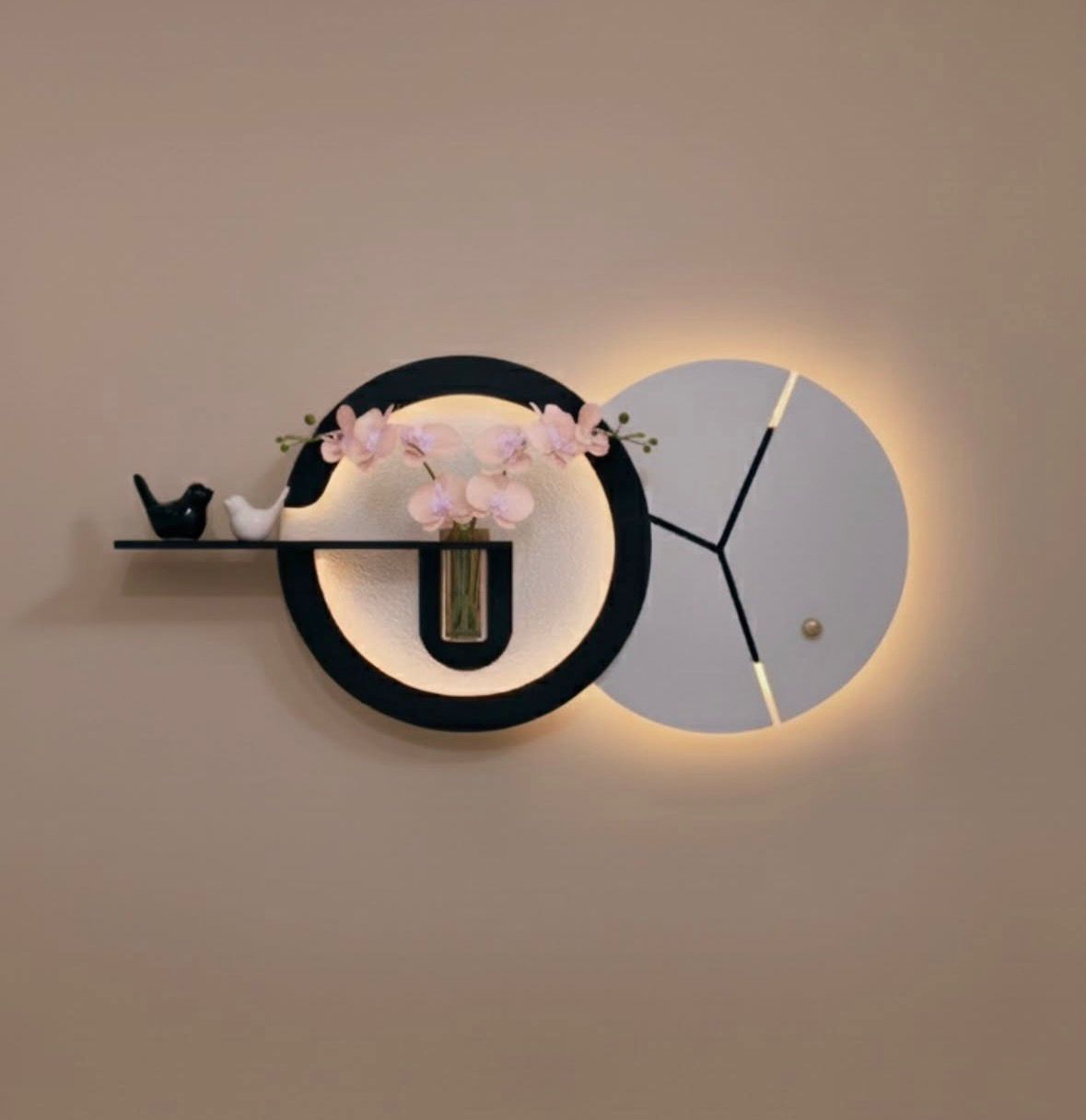Modern LED Wall Clock with Flower Vase & Shelf | Decorative Wall Light for Living Room & Bedroom
