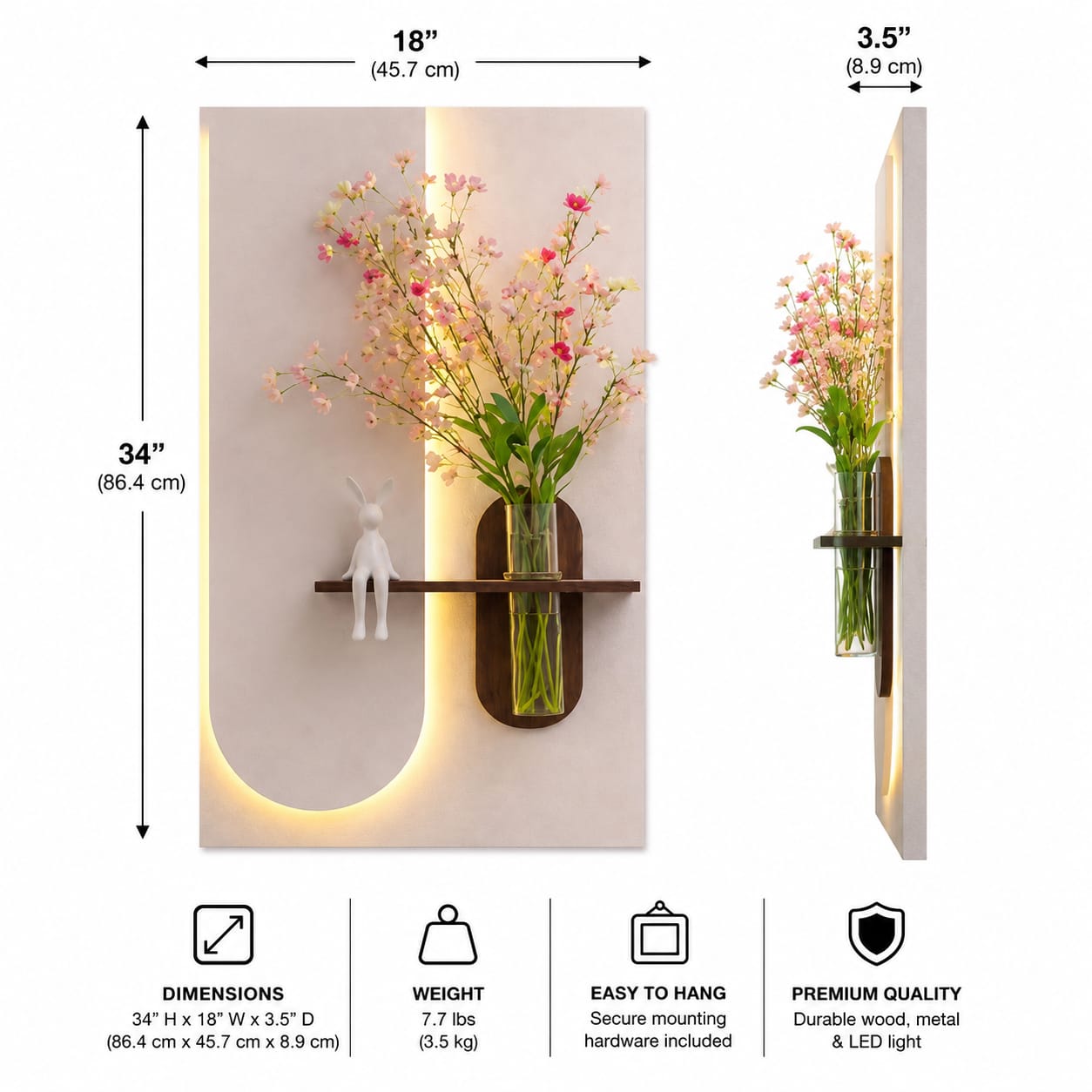Modern LED Wall Art Shelf with Glass Vase Holder | Luxury Illuminated Floating Shelf | Decorative Wall Panel for Home Décor