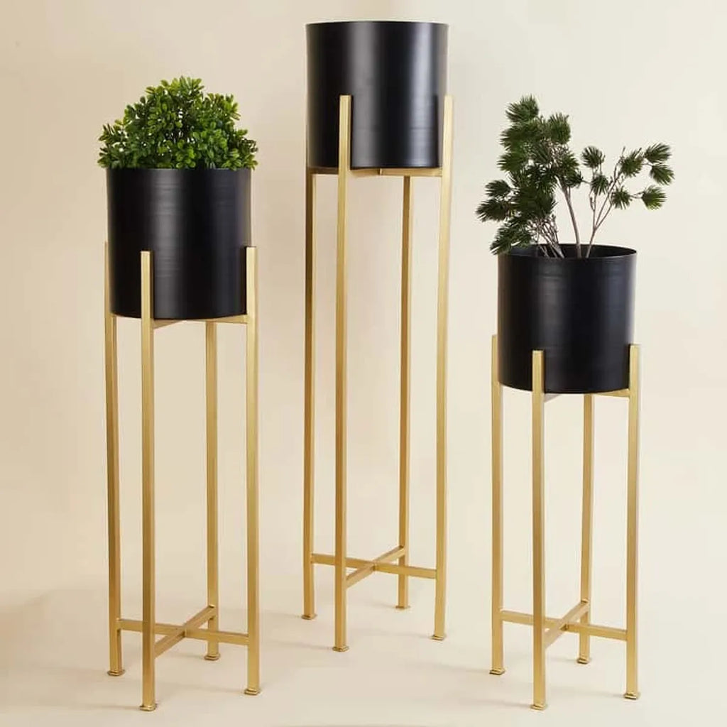 Black Metal Plant Stand Set-3-Piece Pot Gold