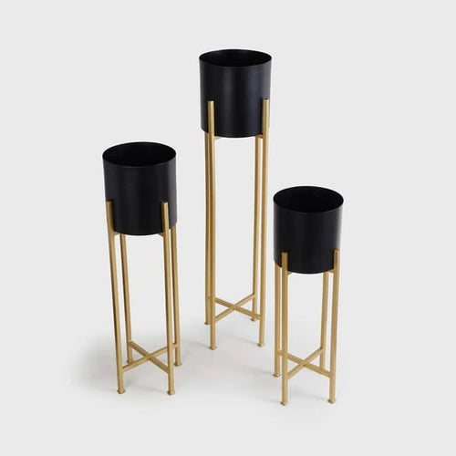 Black Metal Plant Stand Set-3-Piece Pot Gold