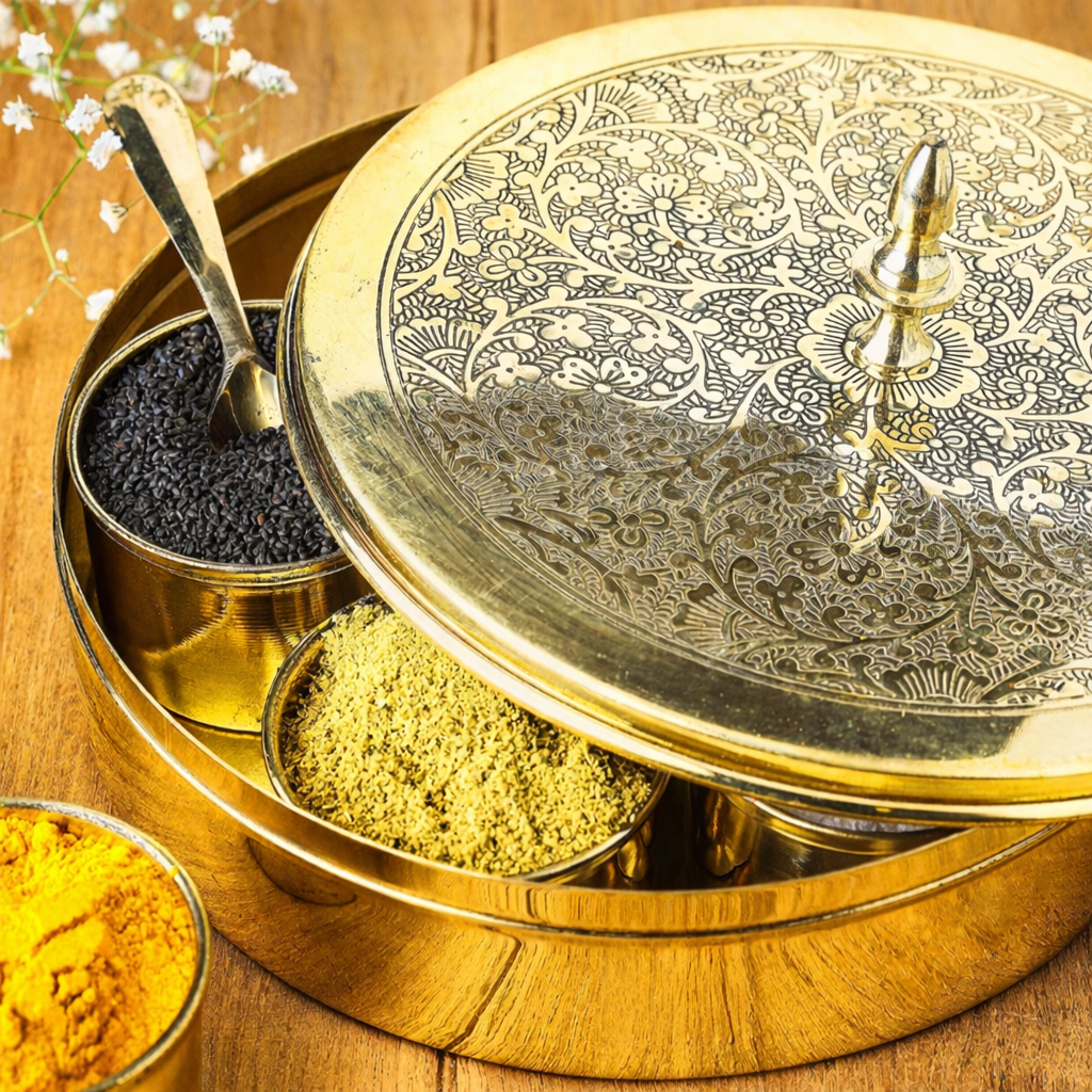 Golden Metal Masala Spice Box with 7 Containers & Spoon