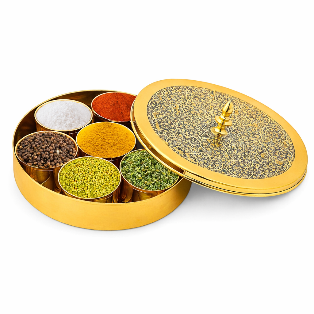 Golden Metal Masala Spice Box with 7 Containers & Spoon