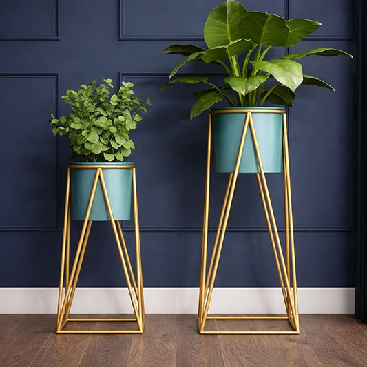 Premium Metal Plant Stand with Decorative Planter | Indoor/Outdoor Flower Pot Stand (Set of 2 Sizes)