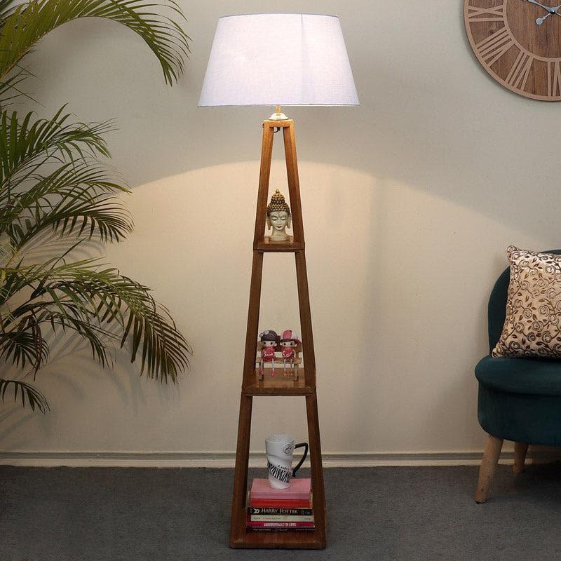 Modern Wooden Floor Lamp with Display Shelves | Decorative Standing Lamp for Living Room, Bedroom & Office | Fabric Shade