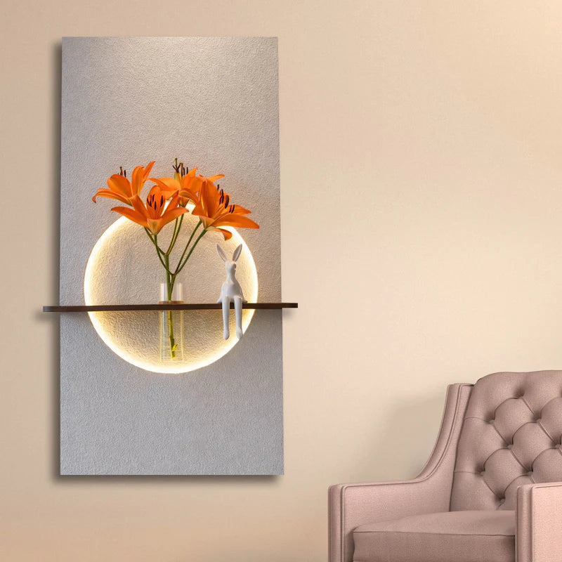 Modern LED Wall Light with Wooden Shelf & Glass Vase, Warm White Circular Wall Lamp for Living Room, Bedroom & Home Decor