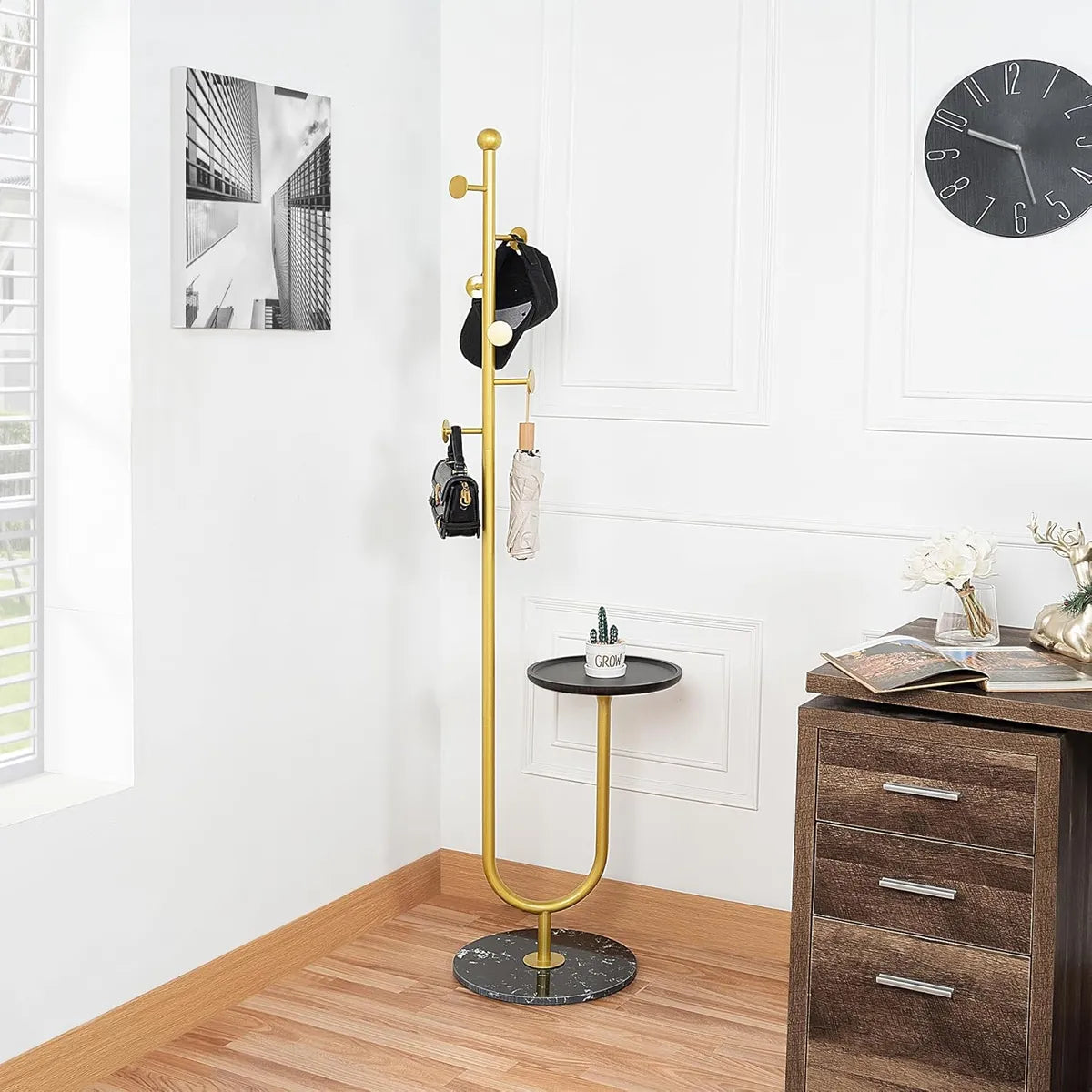 6 Hooks, Heavy Duty Wood Base Corner Coat Stand