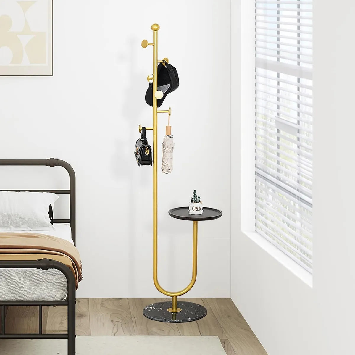 6 Hooks, Heavy Duty Wood Base Corner Coat Stand