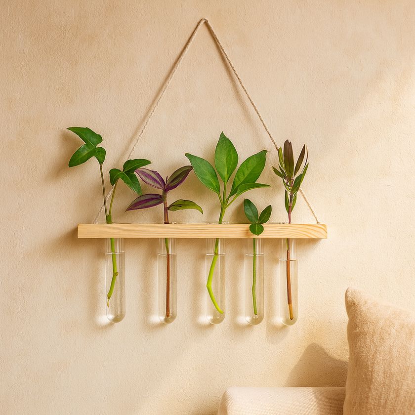 Modern Hanging Test Tube Planter – Wooden Frame Wall Vase with 5 Glass Tubes
