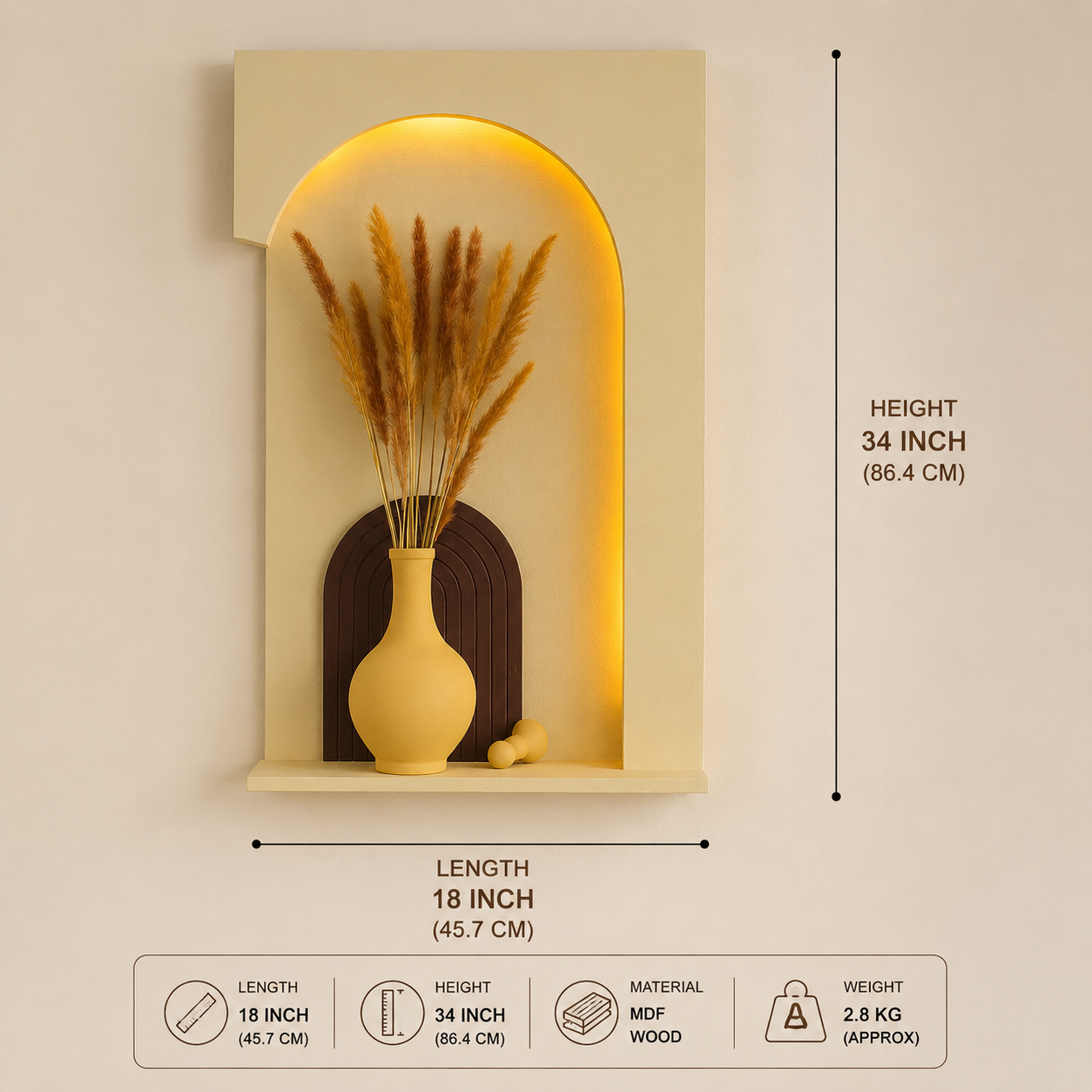 Modern LED Arch Wall Shelf with Vase Décor – Minimalist Floating Wall Accent Shelf