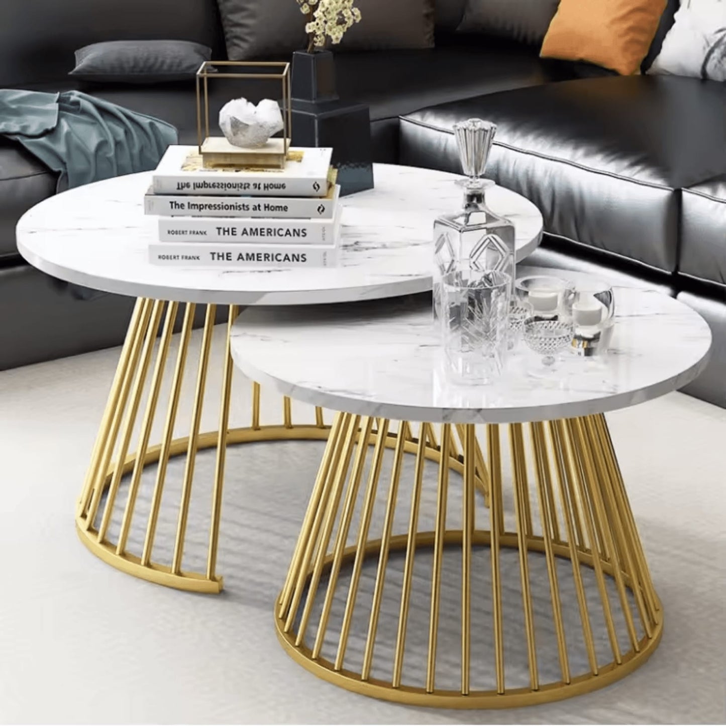 Wooden Twist Ornate Circular Design Round Coffee Table Set of 2 with Marble Top wooden-Like Finish for Modern & Elegant Living Room