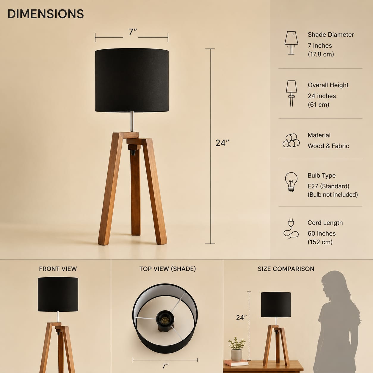 Modern Wooden Tripod Table Lamp with Black Fabric Shade – Minimalist Bedside & Living Room Lamp