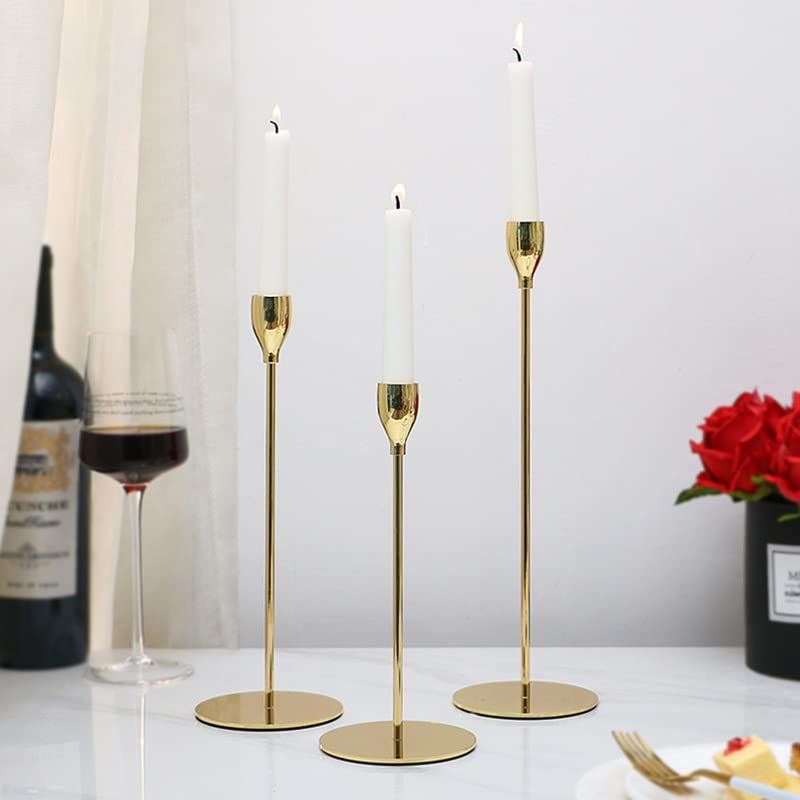 Golden Metal Candle Stand Set of 3 | Modern Decorative Taper Candle Holders for Home Decor