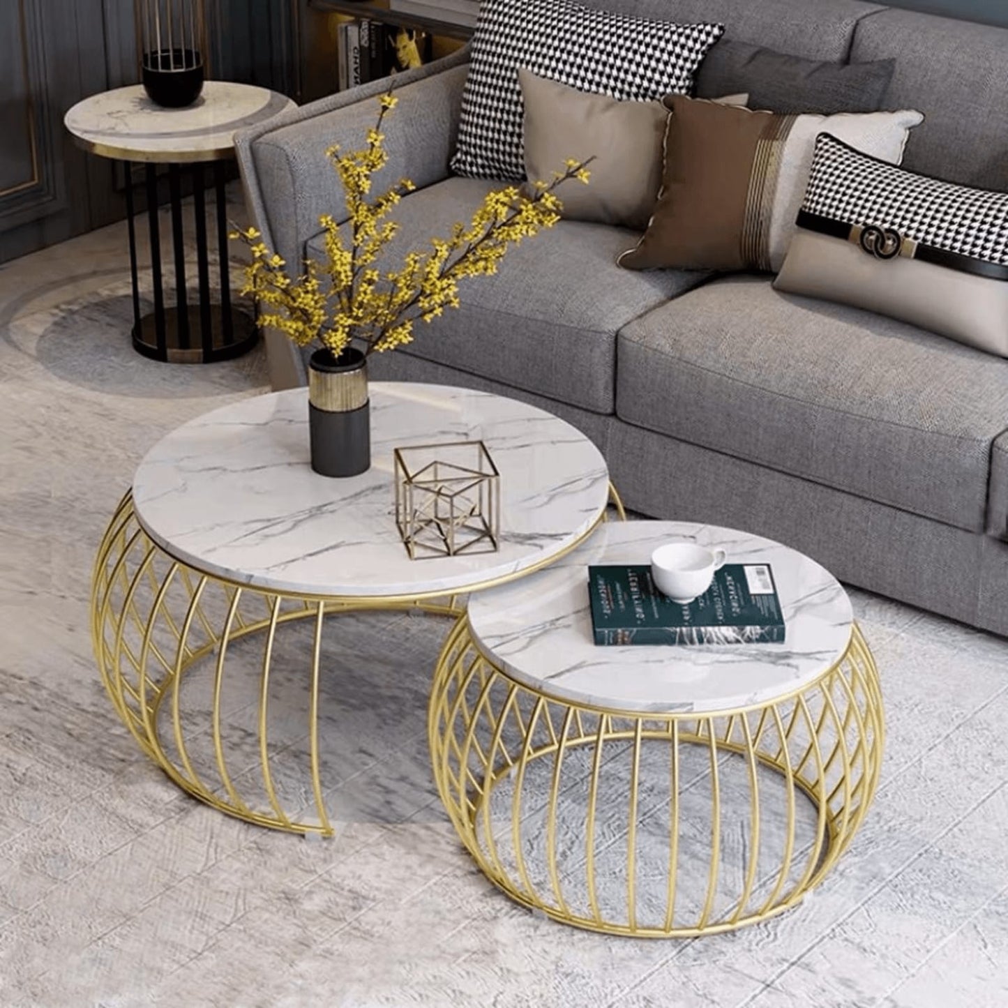 Luxury Round Coffee Table Set with Gold Finish Frame (Set of 2)