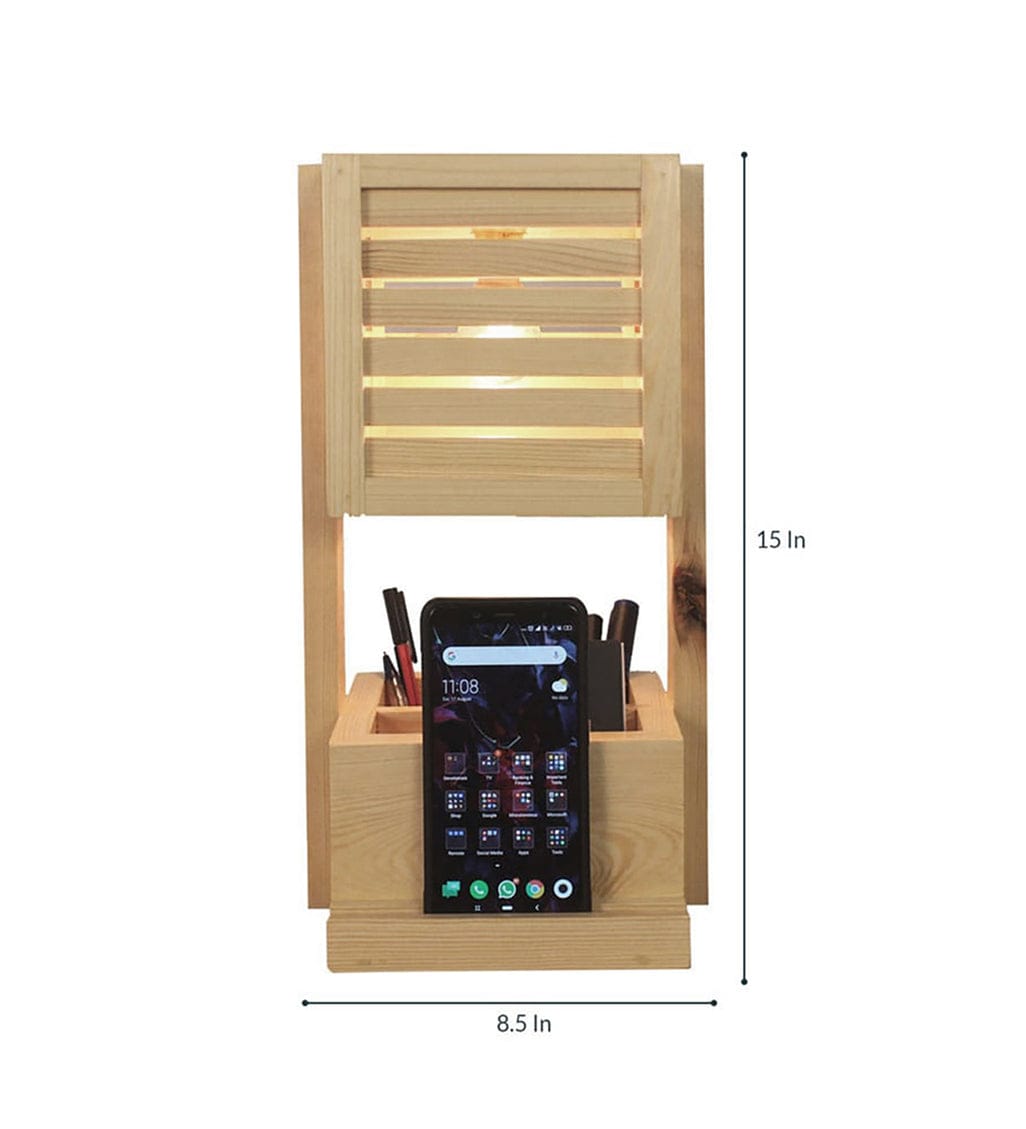 Wooden Table Lamp with Mobile Holder & Pen Stand | Modern Desk Organizer Lamp