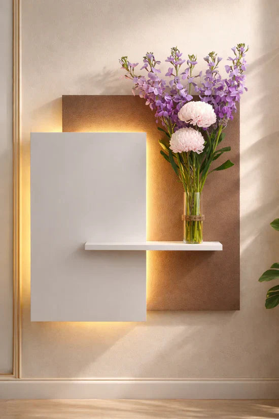 Modern LED Wall Art Shelf with Glass Vase Holder | Luxury Illuminated Floating Shelf | Decorative Wall Panel for Home Décor