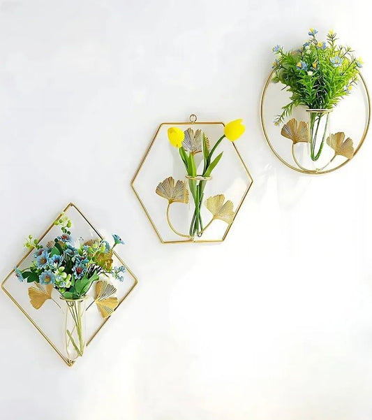 Luxury Gold Wall Hanging Vase Set – Metal Frame Glass Tube Planters (Set of 3)