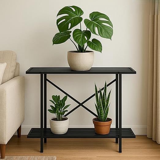 Industrial 2-Tier Metal Plant Stand Shelf | Multi-Purpose Flower Pot Display Rack | Indoor & Outdoor Plant Organizer