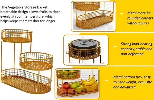 3-Tier Gold Metal Fruit & Vegetable Storage Basket