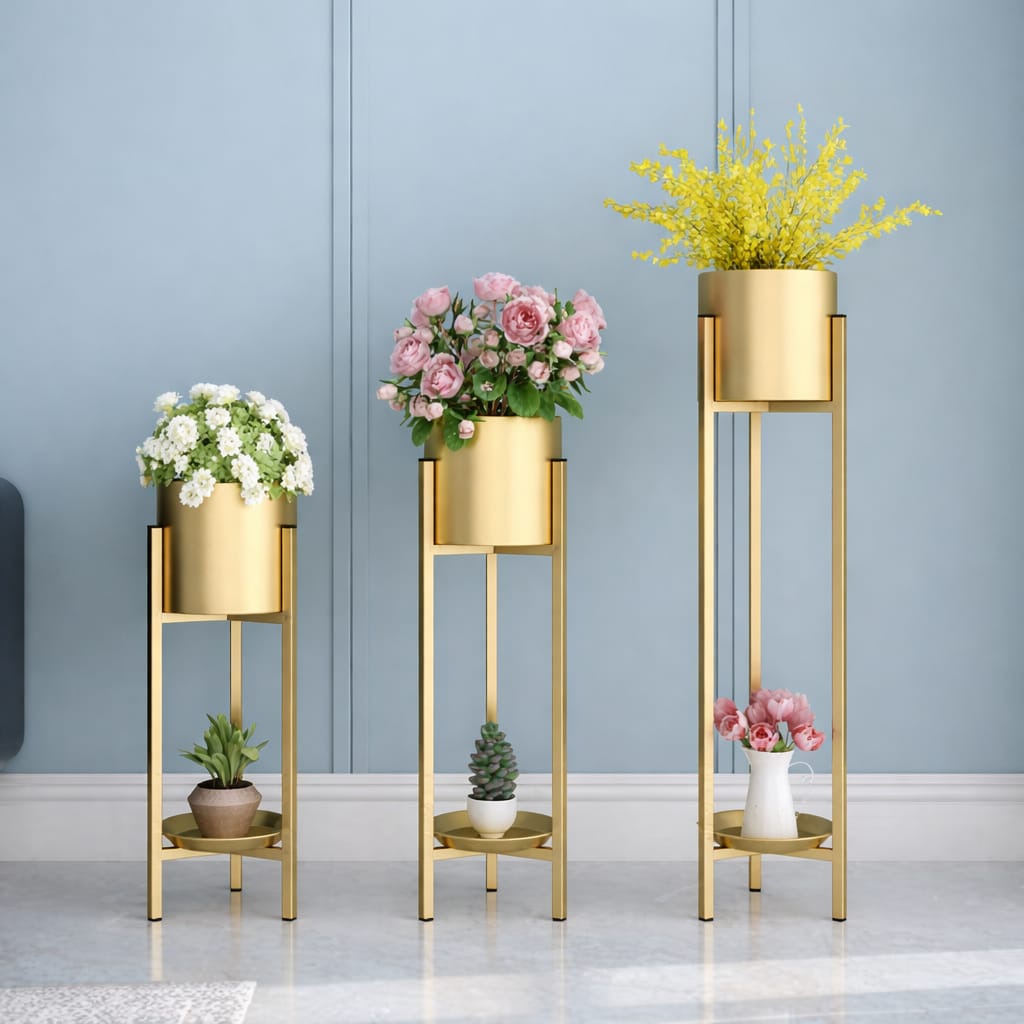 Modern Metal Floor Plant Stand with Planter Pots – Set of 3, Elegant Gold Flower Stands for Home Decor
