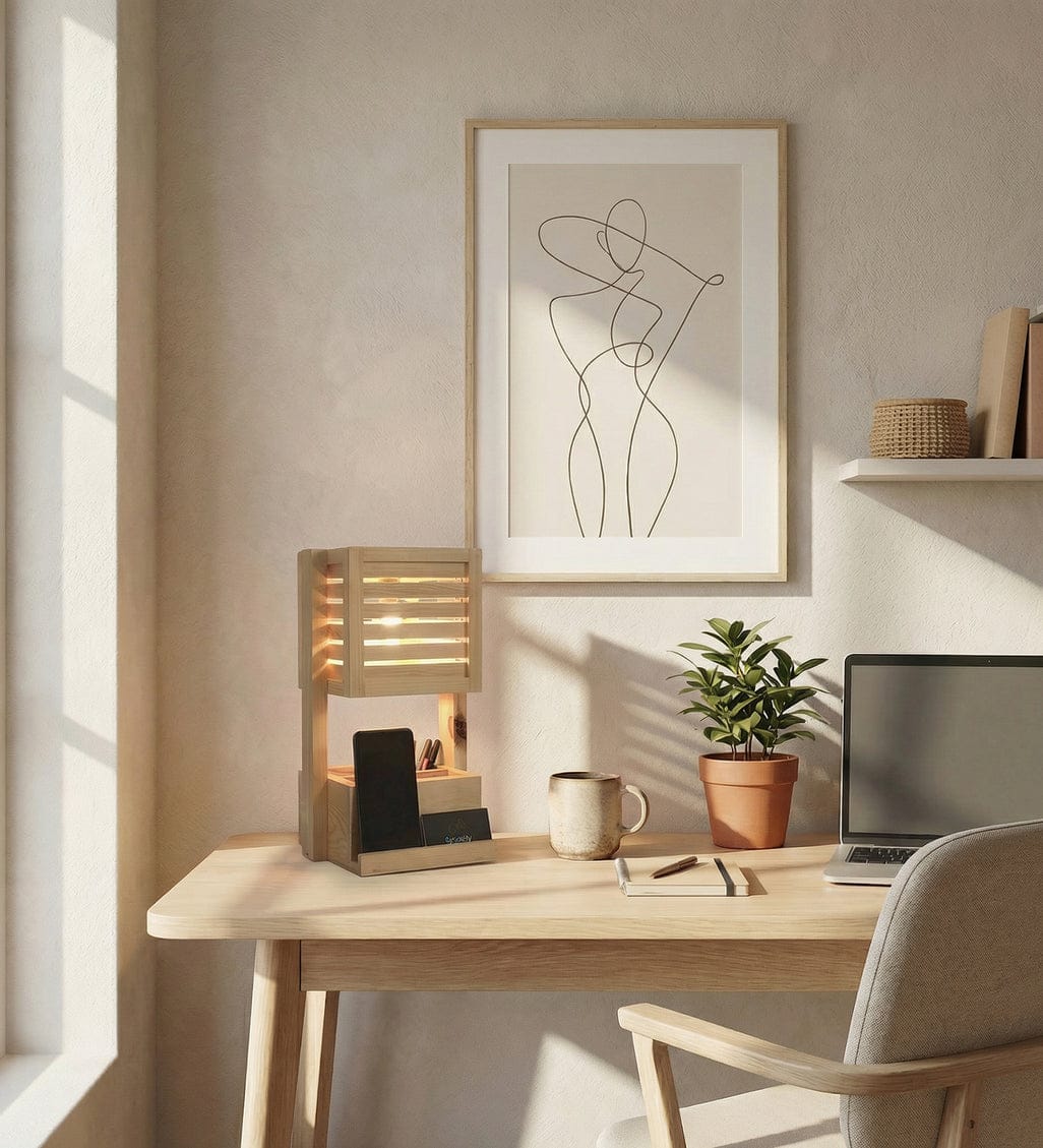 Wooden Table Lamp with Mobile Holder & Pen Stand | Modern Desk Organizer Lamp
