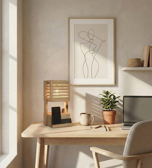 Wooden Table Lamp with Mobile Holder & Pen Stand | Modern Desk Organizer Lamp