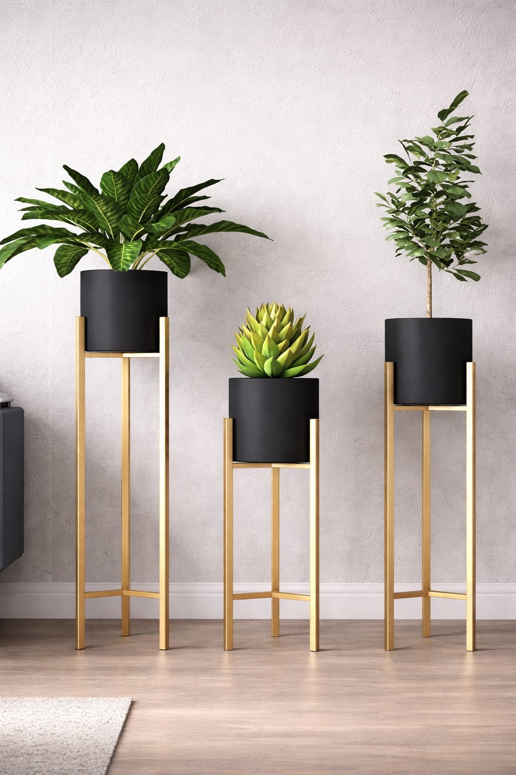 Modern Metal Floor Plant Stand with Planter Pots – Set of 3, Elegant black pot  Flower Stands for Home Decor
