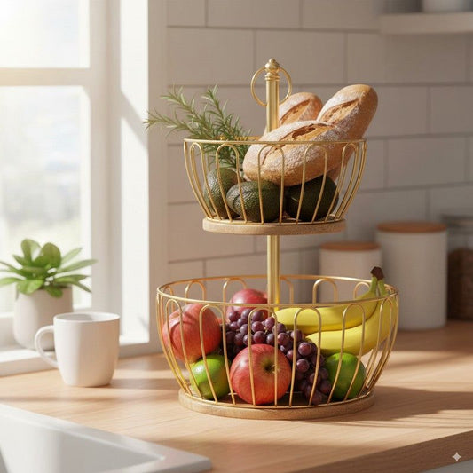 2-Tier Gold Fruit Basket with Wooden Base – Decorative Serving Stand