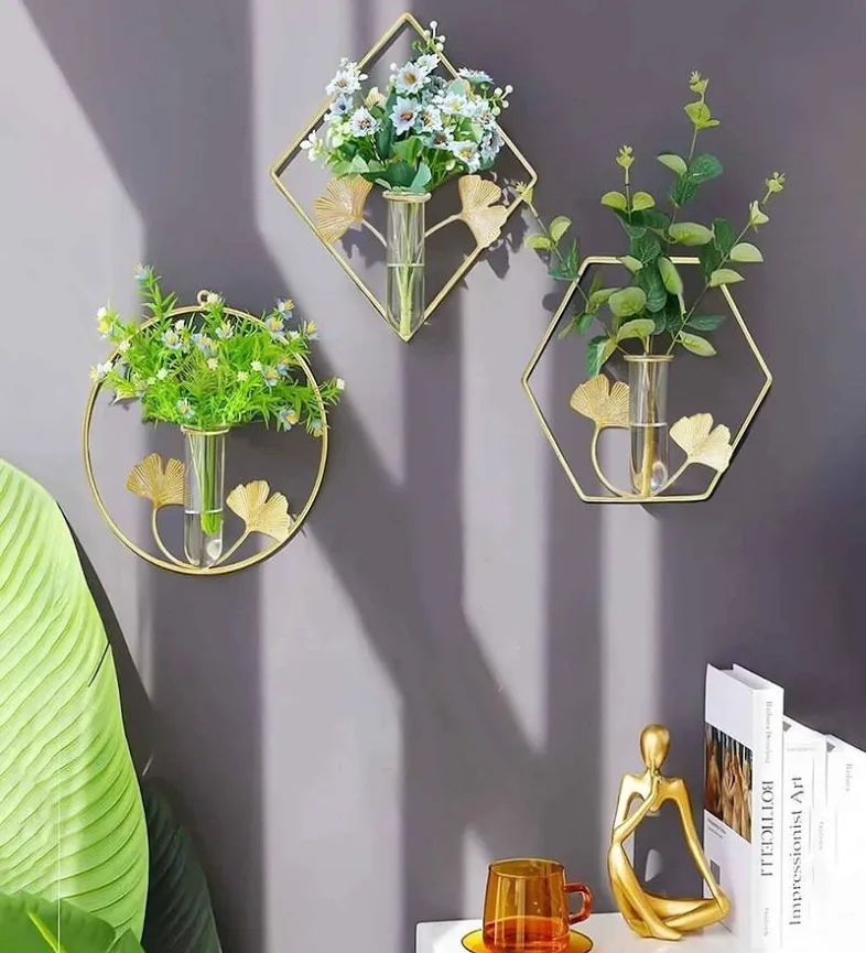 Luxury Gold Wall Hanging Vase Set – Metal Frame Glass Tube Planters (Set of 3)