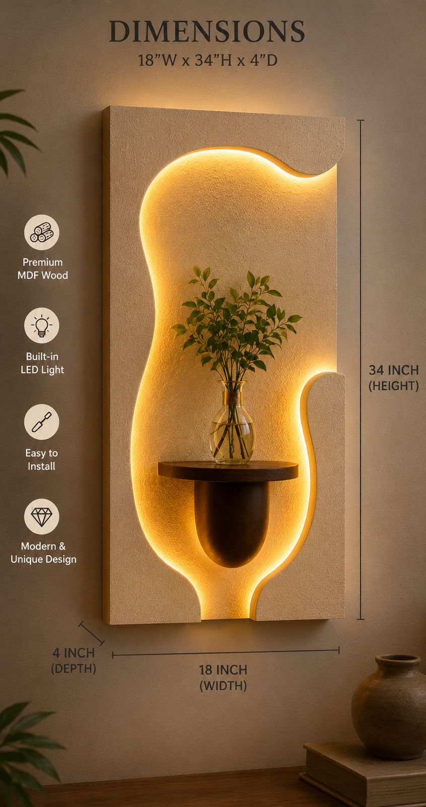 Modern LED Wall Shelf with Vase Holder – Decorative MDF Wooden Wall Art for Living Room