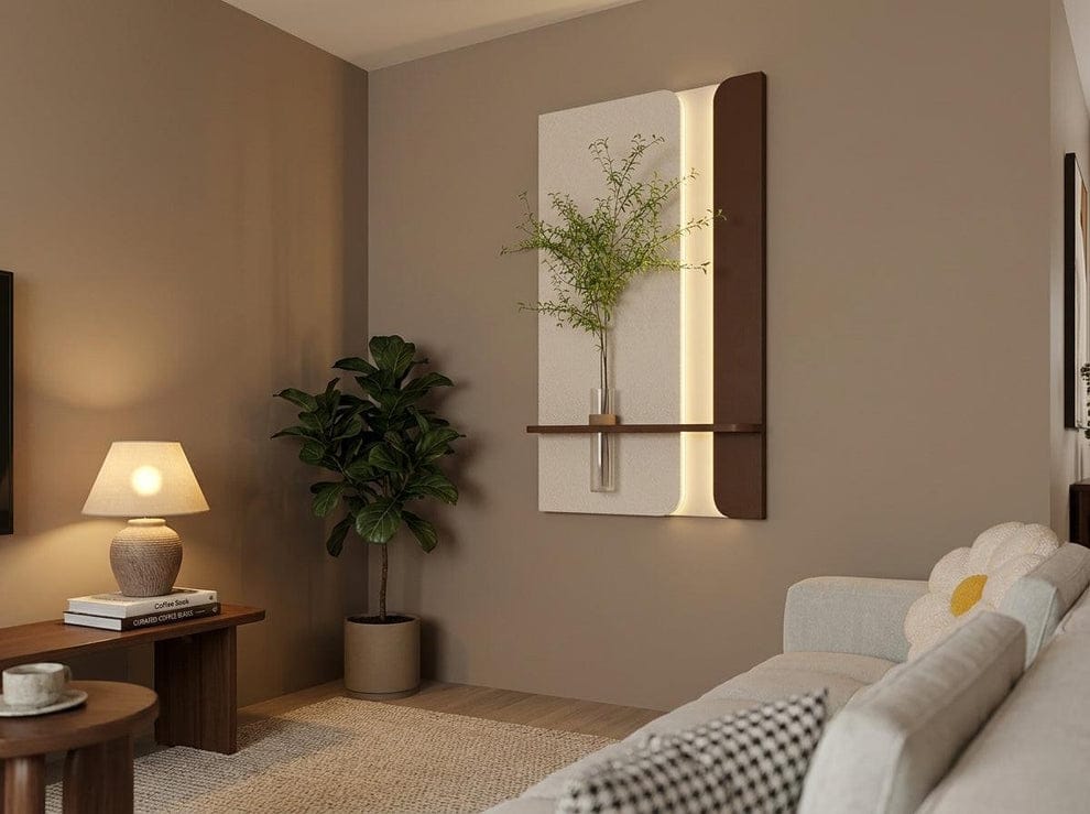 Modern Wooden Wall Shelf Decor with Minimalist Panel & Vase Holder