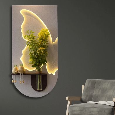 Butterfly LED Wall Art Shelf with Glass Vase Holder | Modern Illuminated Decorative Wall Panel | Luxury Floating Shelf Décor
