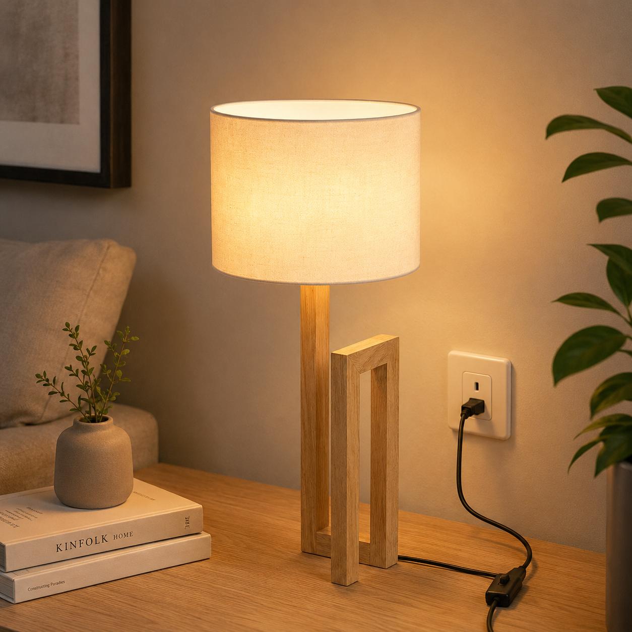 Modern Wooden Table Lamp with Fabric Shade – Minimalist Bedside & Living Room Lamp