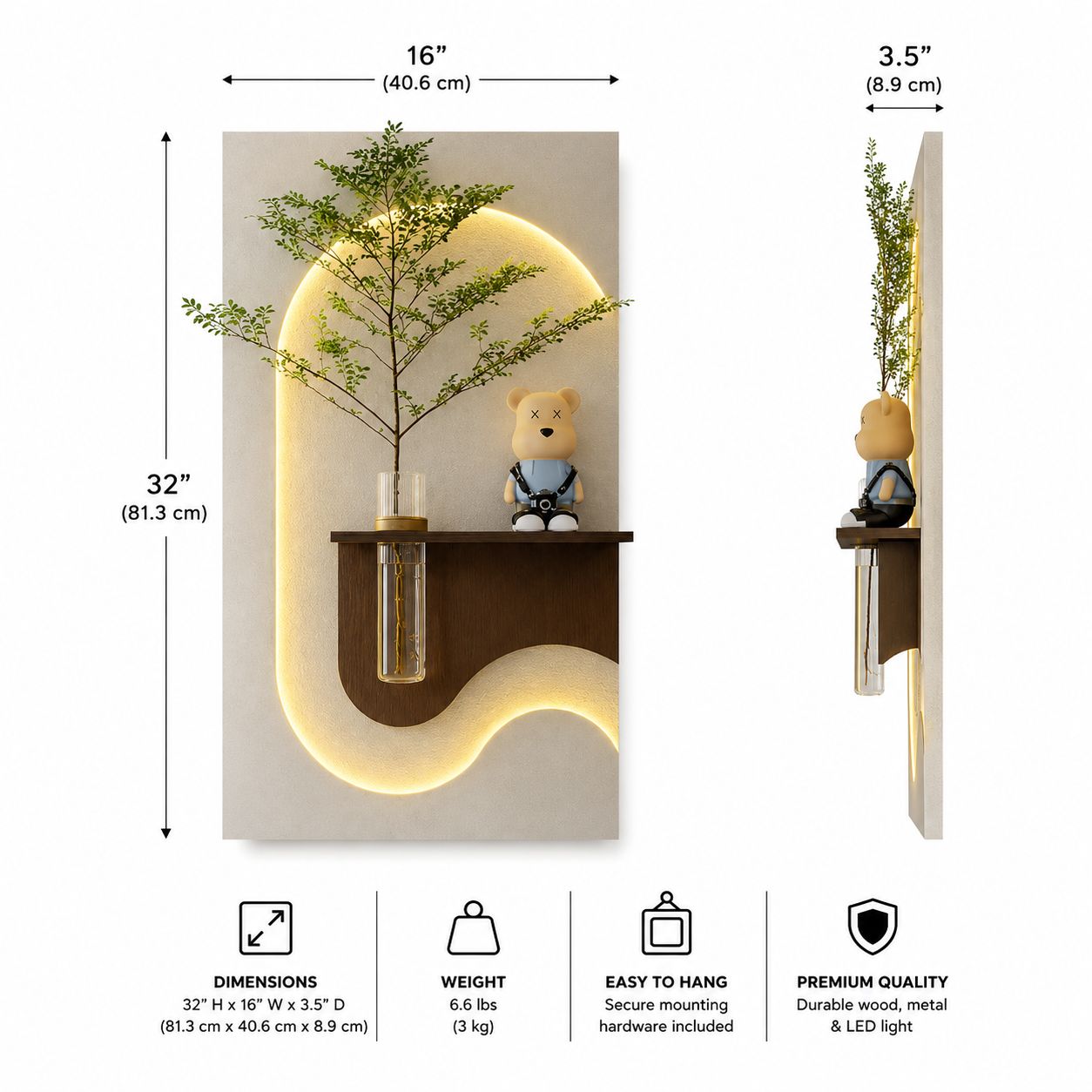 Modern LED Wall Art Shelf with Vase Holder | Luxury Illuminated Wall Panel | Decorative Floating Shelf for Home Décor