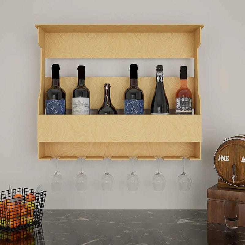 Wooden Wall-Mounted Wine Rack with Glass Holder – Modern Bar Shelf