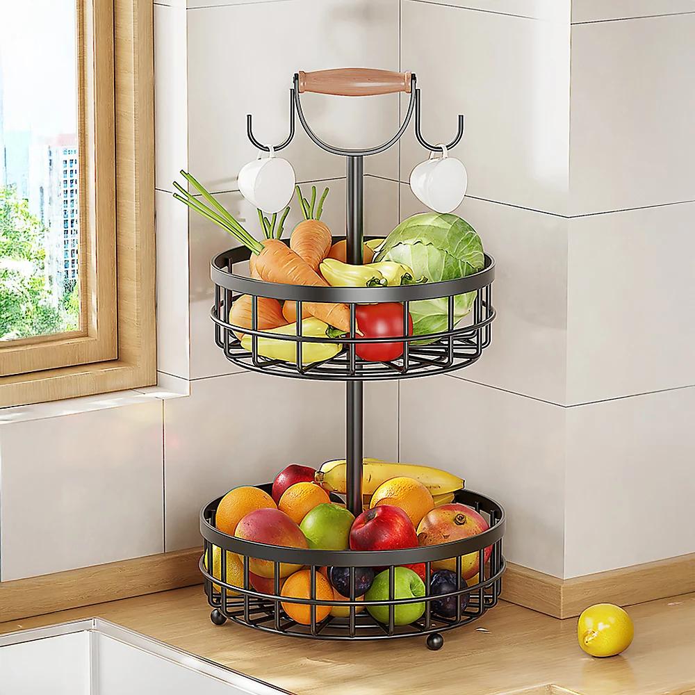 2-Tier Fruit Basket with Banana Hanger – Metal Kitchen Counter Organizer