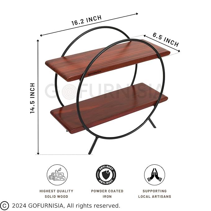 Modern Round 2-Tier Wooden Display Shelf with Metal Frame – Tabletop Organizer