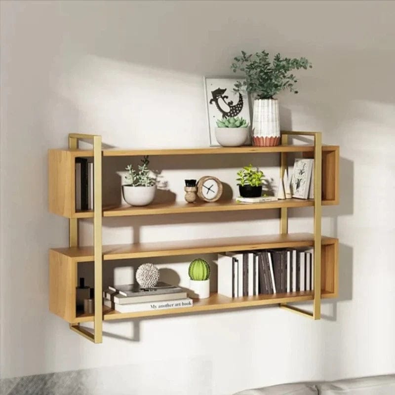 4-Tier Wooden Wall Shelf with Gold Metal Frame – Modern Floating Display Rack