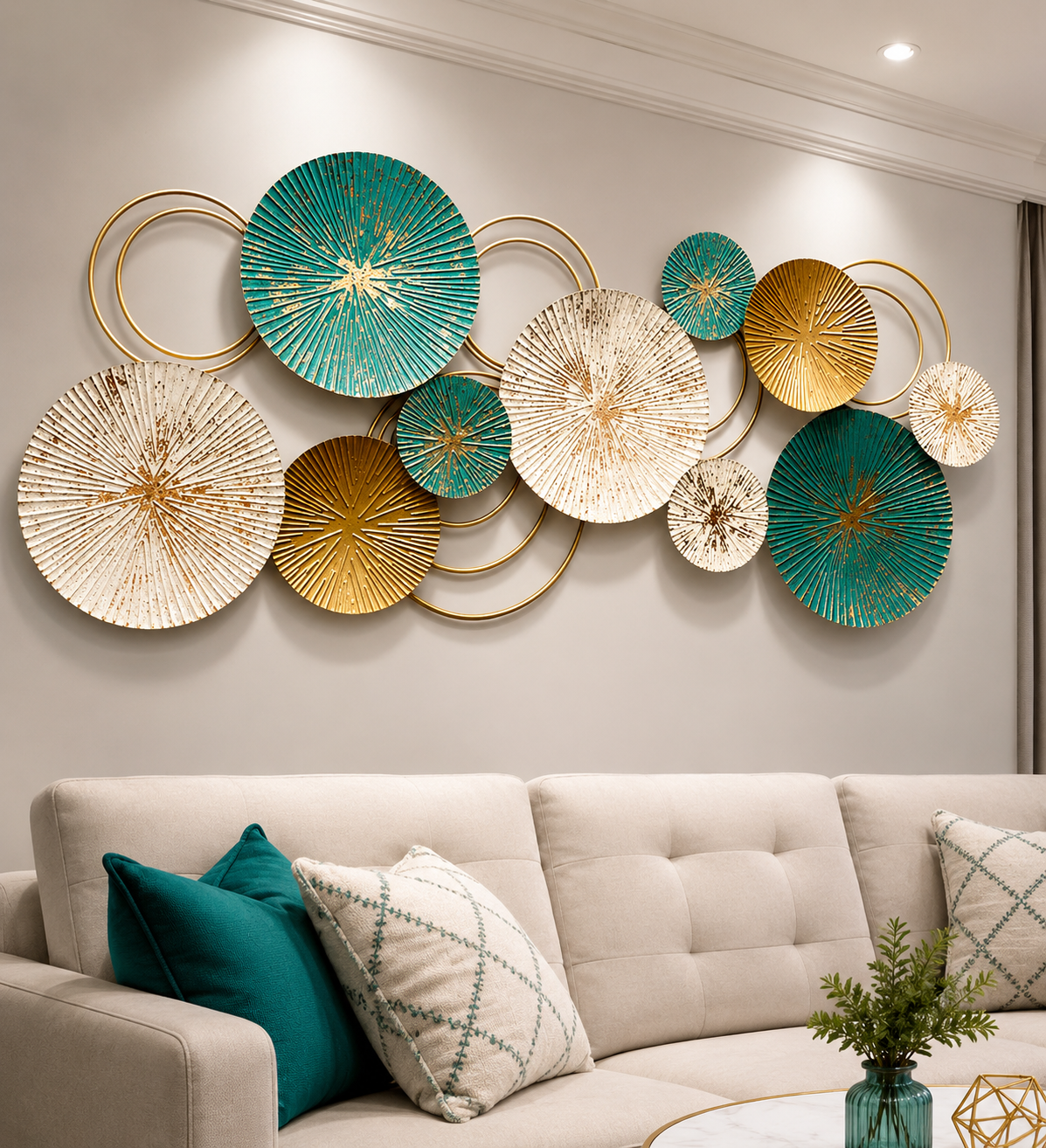 METAL WALL ART – PREMIUM HANDCRAFTED ANTIQUE GOLD & TURQUOISE GREEN CIRCLE DESIGN