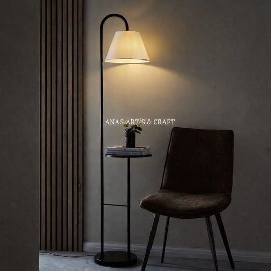 “2-in-1 Floor Lamp with Table – Modern Black Standing Light for Bedroom, Living Room & Study”