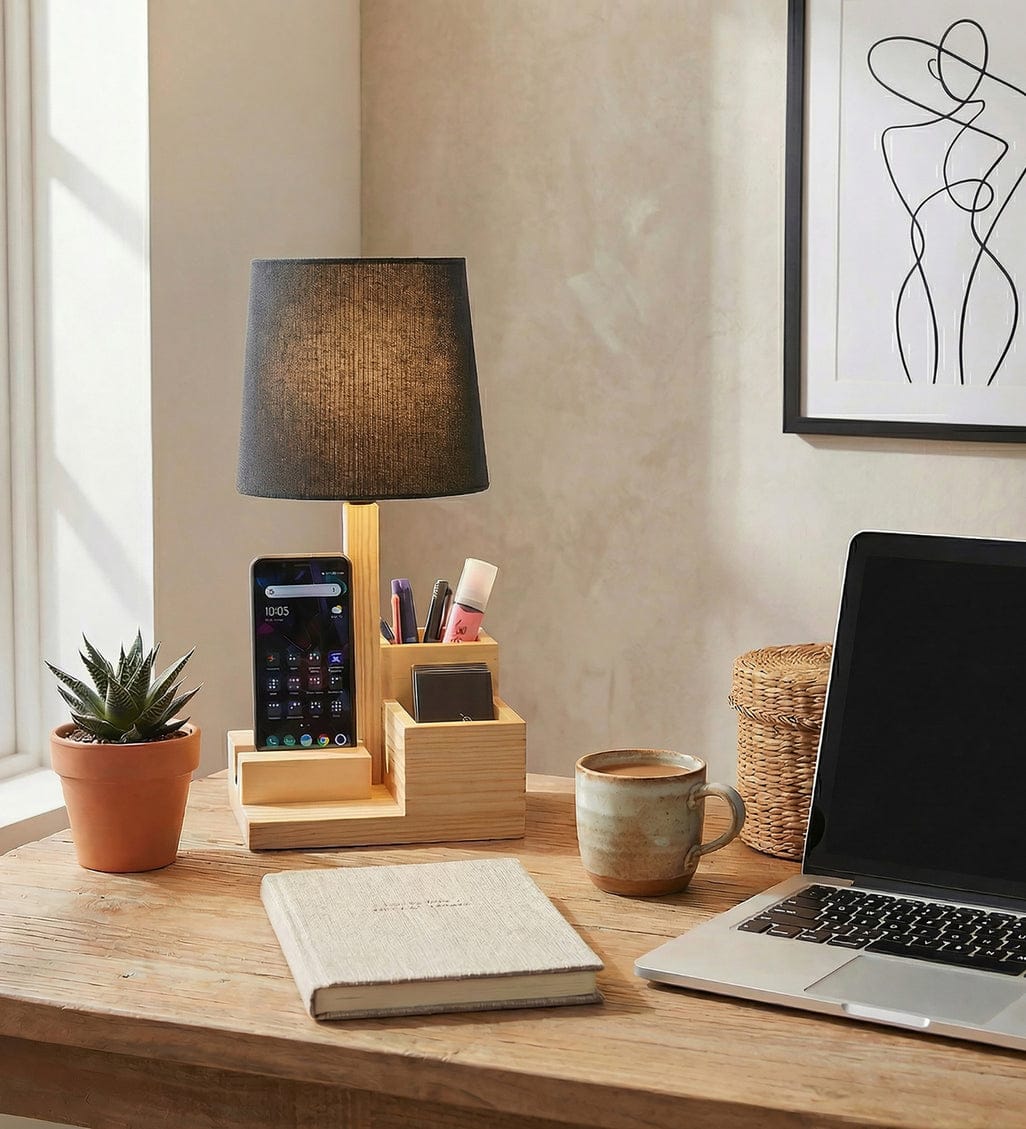 Modern Wooden Table Lamp with Organizer | Bedside Study Lamp with Pen Holder