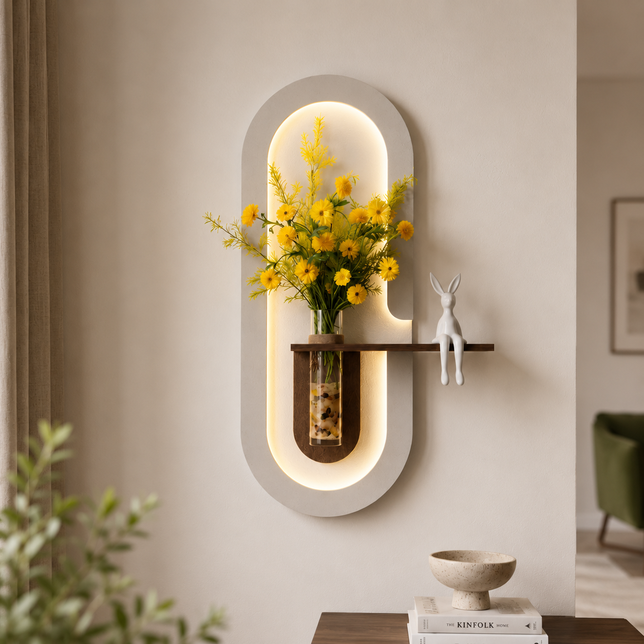 Modern Wall Decor with LED Flower Vase Shelf