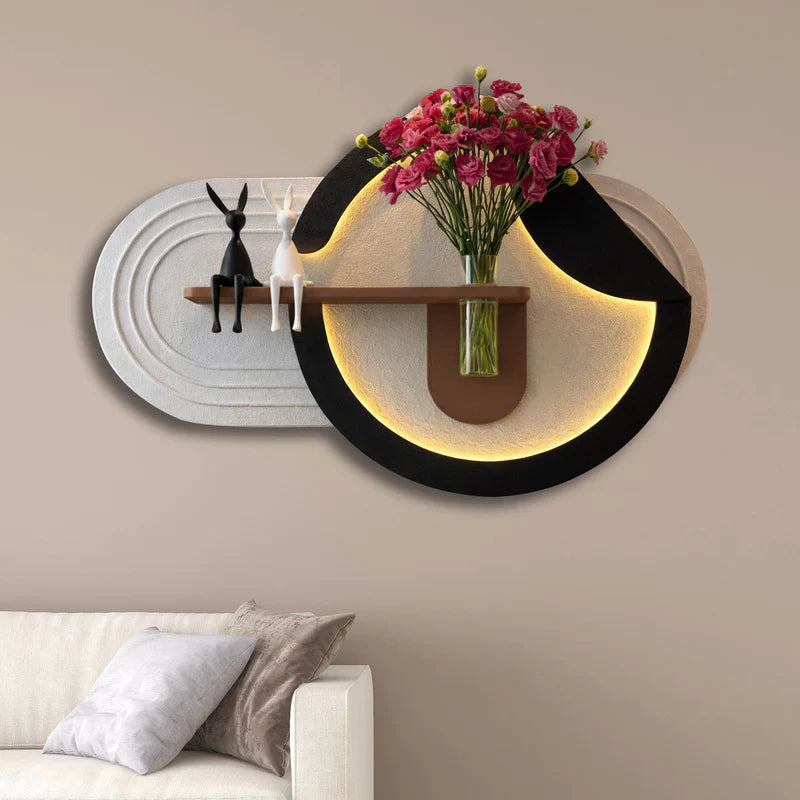 Modern Round LED Wall Shelf with Flower Vase & Decorative Art Panel